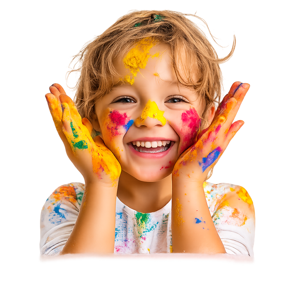Criança sorrindo com mãos coloridas